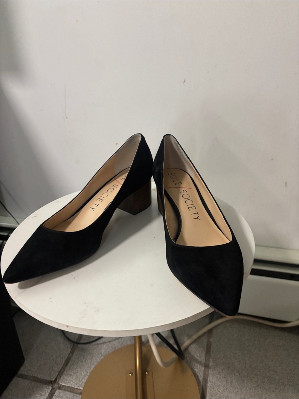 Sole Society Black Suede Pointed Block Heel Pumps